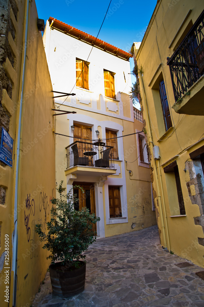 Narrow winding street at old town of Rethymno, Crete, Greece