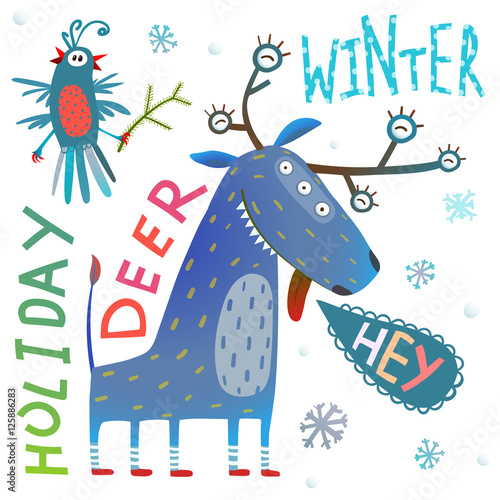 Monster reindeer Chrismas New Year funny winter holidays greeting card