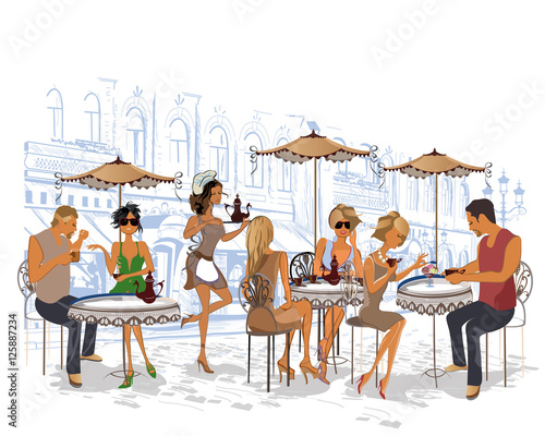 Series of the streets with people in the old city. Waiters serve the tables. Street cafe.