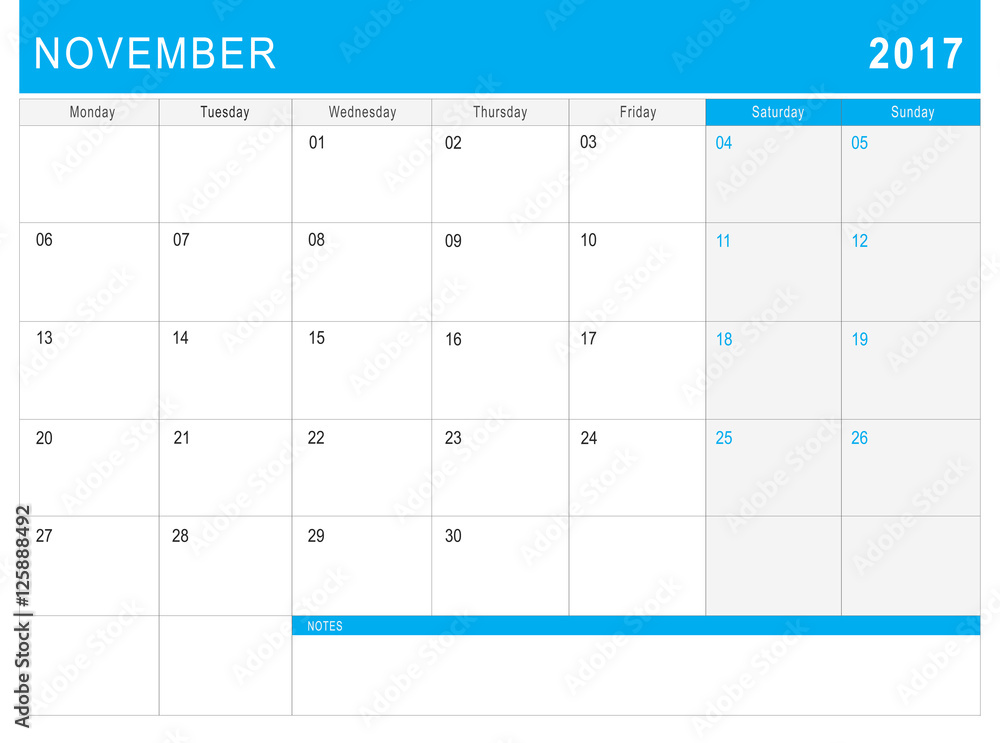 2017 November calendar (or desk planner) with notes - obrazy, fototapety, plakaty 