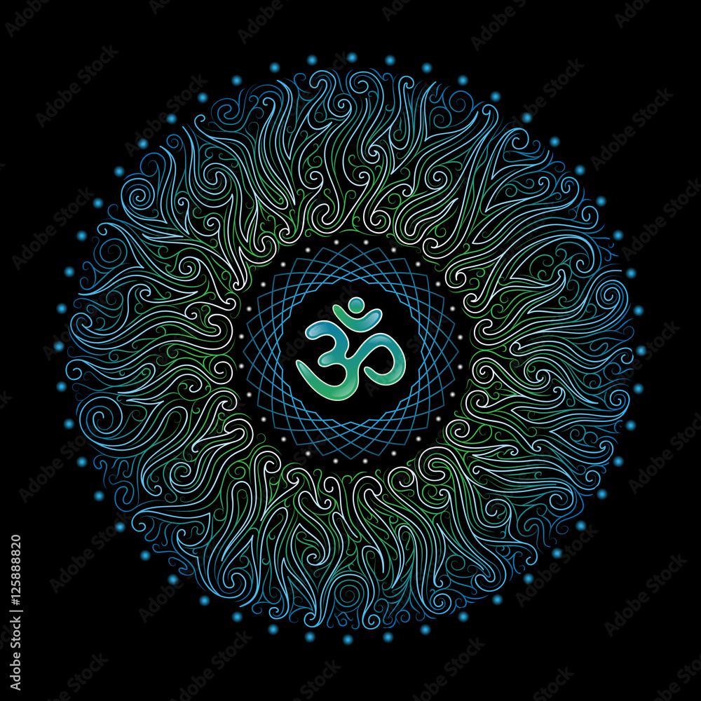 vector nonrecurring circular floral ornament with the sacred symbol Om - obrazy, fototapety, plakaty 
