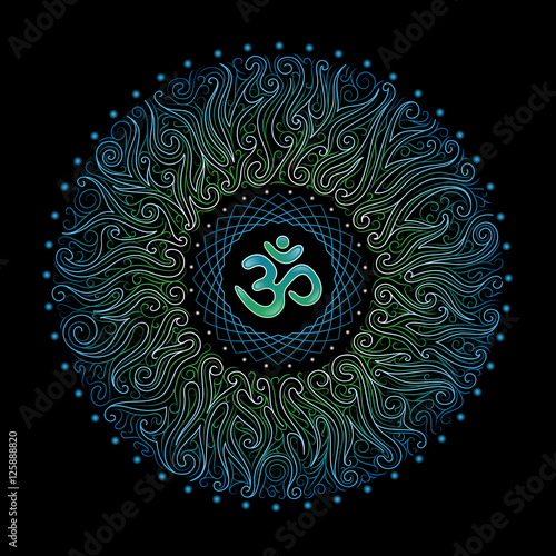 vector nonrecurring circular floral ornament with the sacred symbol Om