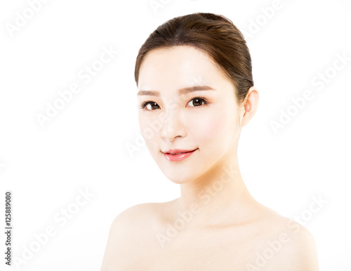 closeup young woman face isolated on white