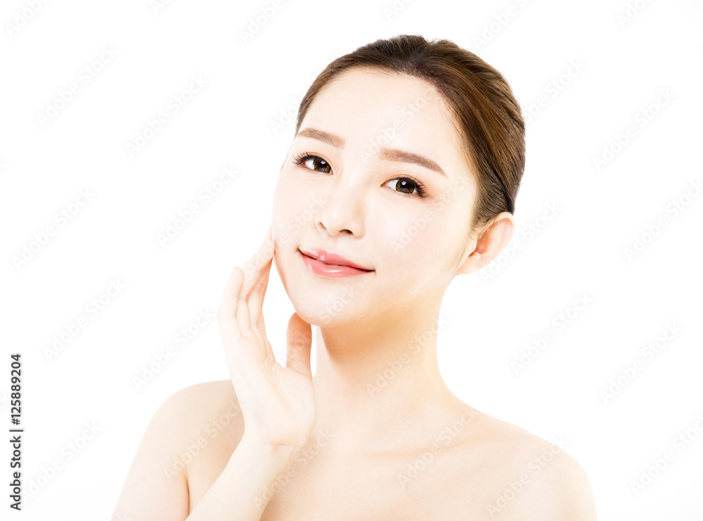 closeup young woman face isolated on white closeup young woman face isolated on white