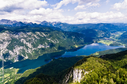 A view of the Lake Bohinj and the surrounding southern Alps mountains Triglav national park  Slovenia