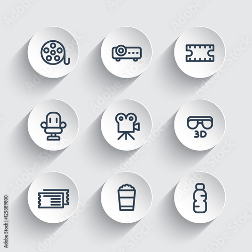 cinema line icons set, projector, 3d movie, film reel, tickets, seat, popcorn bucket