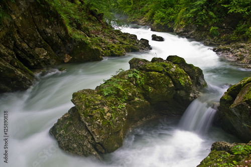 Curve in a mountain creek with a big rock in the middle at Vintgar gorge  slovenian alps  Slovenia