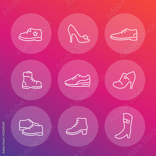 Shoes line icons set, knee high boots, trainers, heels, platform pump, open toe shoes