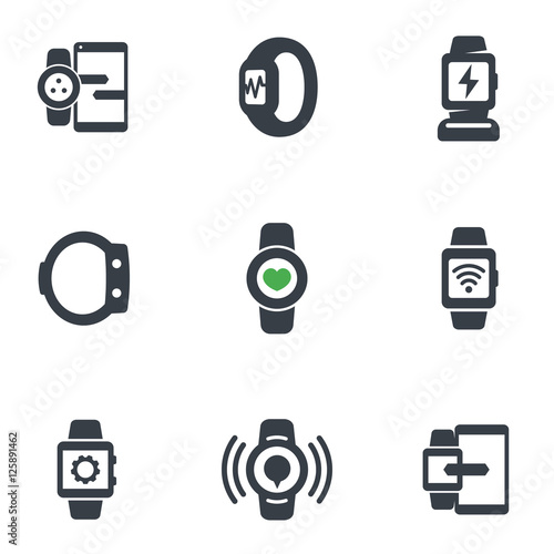 smart watch icons isolated on white, fitness tracker, synchronization with phone, wearable devices, charging station, vector illustration