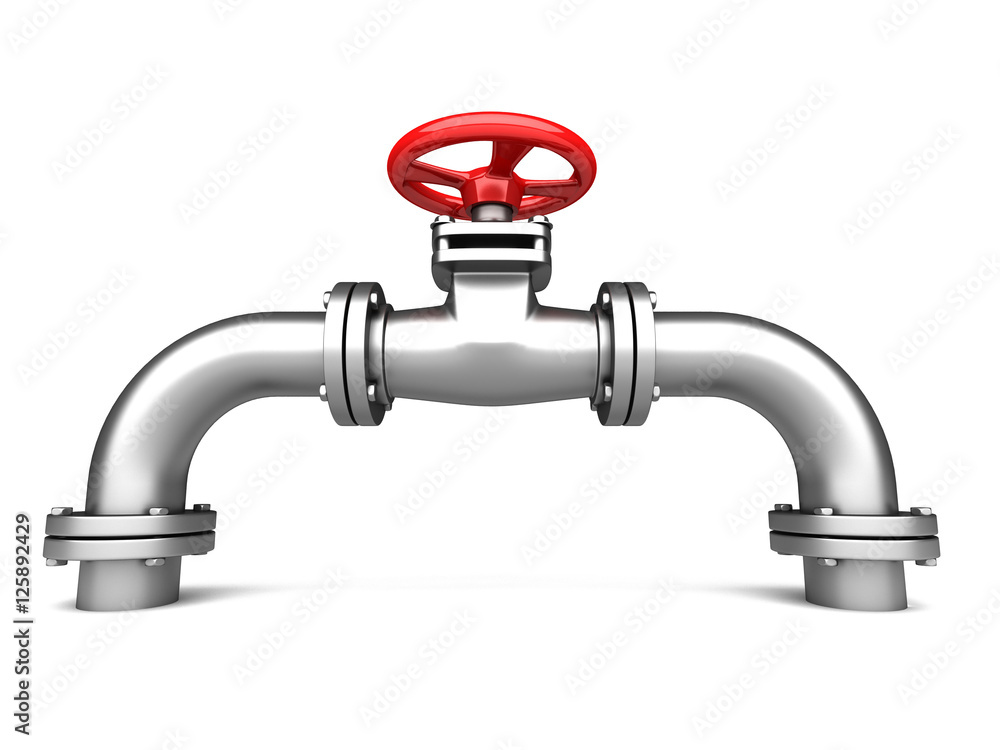 Metallic pipe and oil red valve on white background