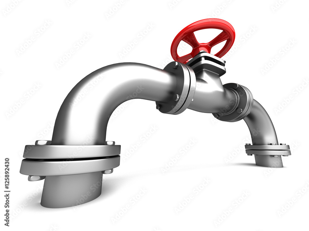 Metallic pipe with red water valve on white background