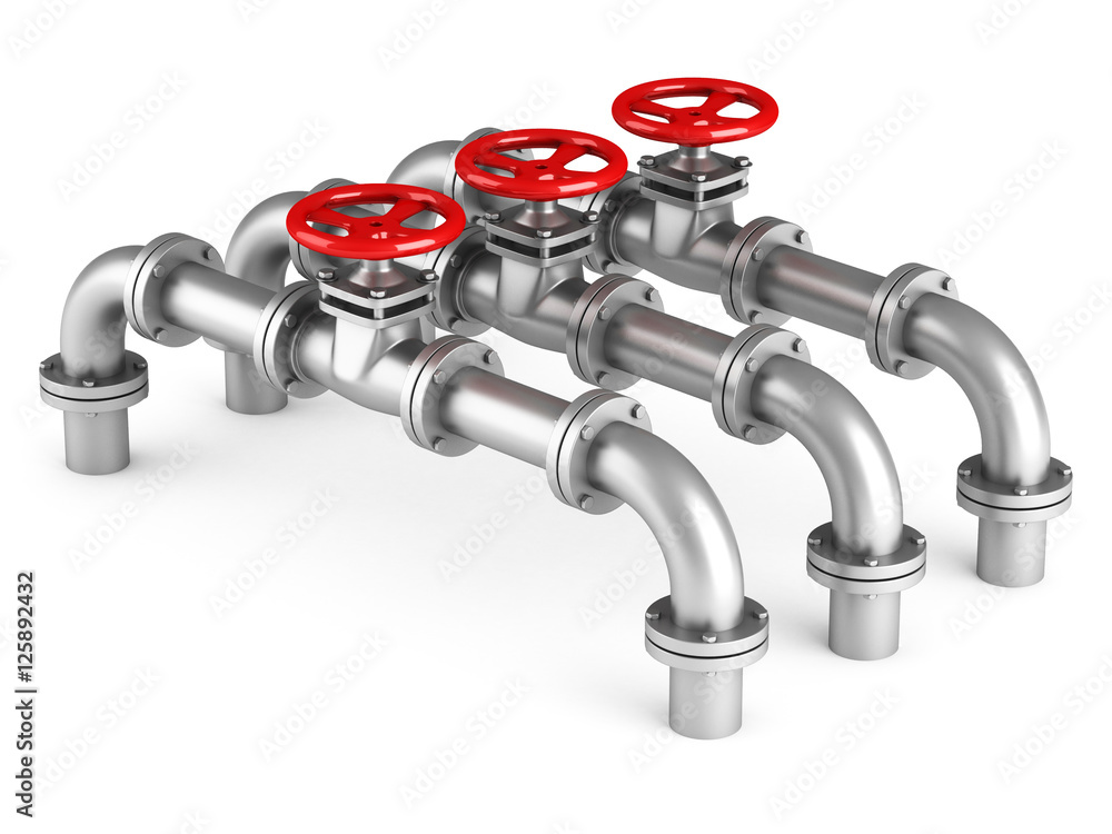 Three pipes and oil valves on white background
