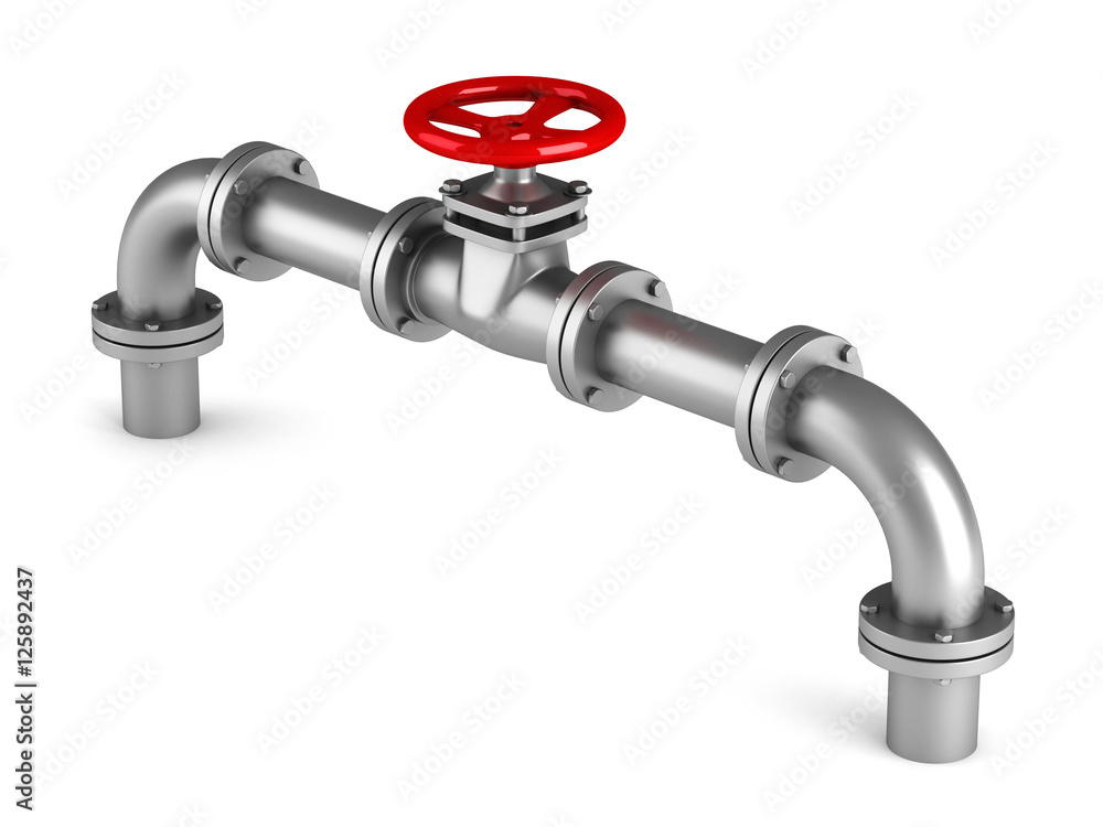 Red valve and metallic pipeline on white background