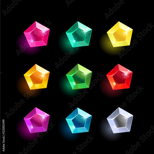Set of cartoon pentagon different color crystal