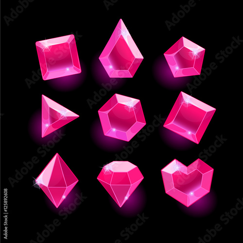 Set of cartoon pink different shapes crystals