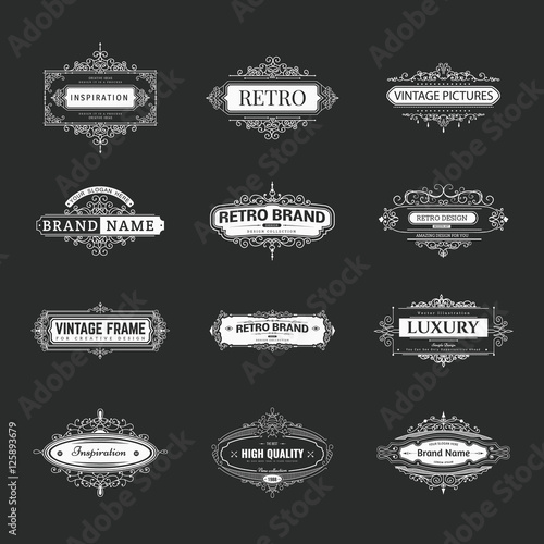 Set of creative vector templates for logos, label or banners on the theme of quality and business in vintage style. Flourishes calligraphic elements. Design frame and page decor