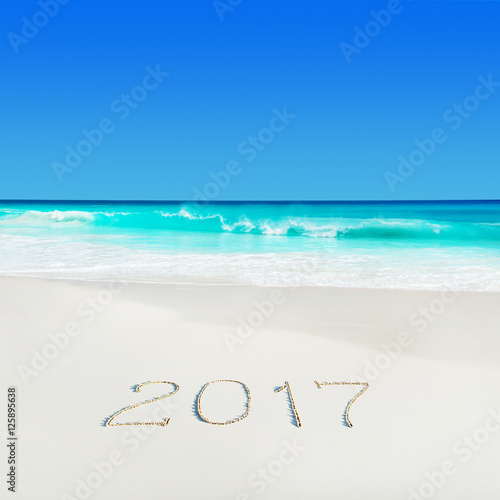 Perect white sand ocean beach and year 2017 season caption