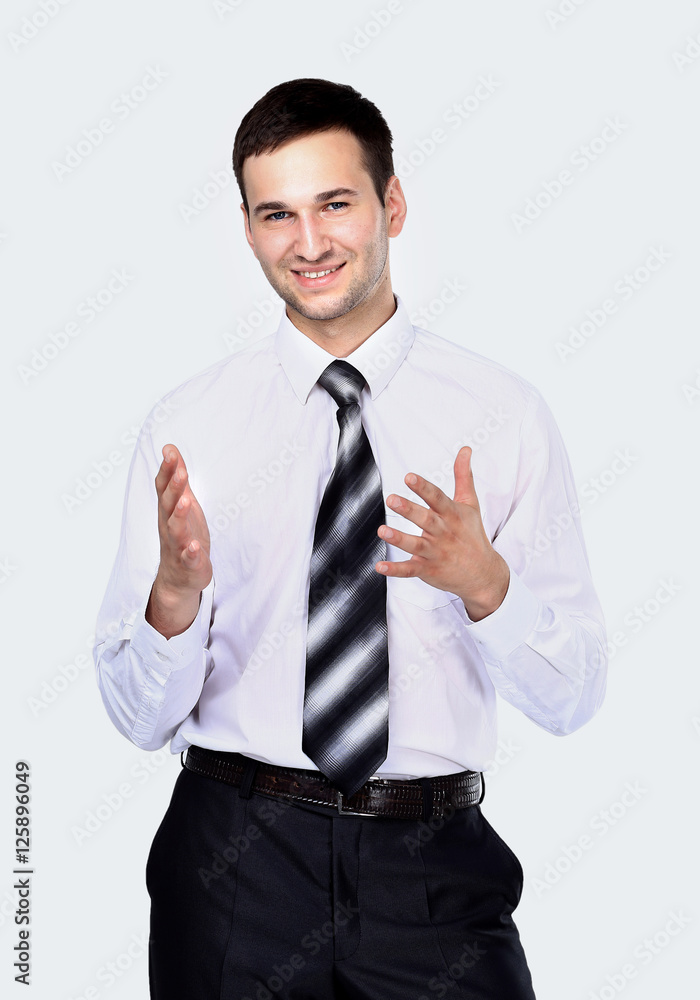 Smiling businessman telling, isolated over white Smiling businessman telling, isolated over white