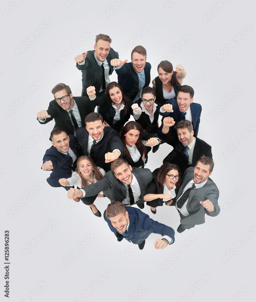 Portrait of smiling business people against white background