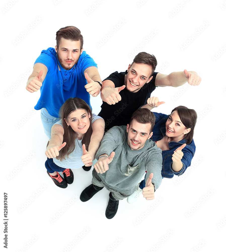 Happy joyful group of friends cheering isolated on white background