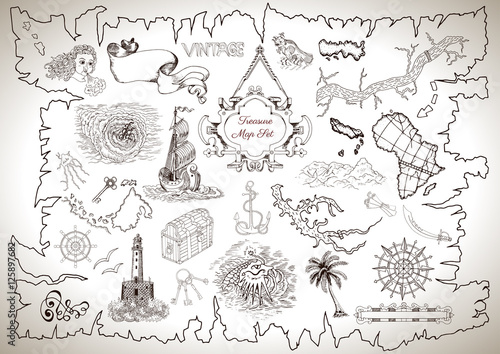 Vintage design collection for treasure or pirate map with engraved drawings
