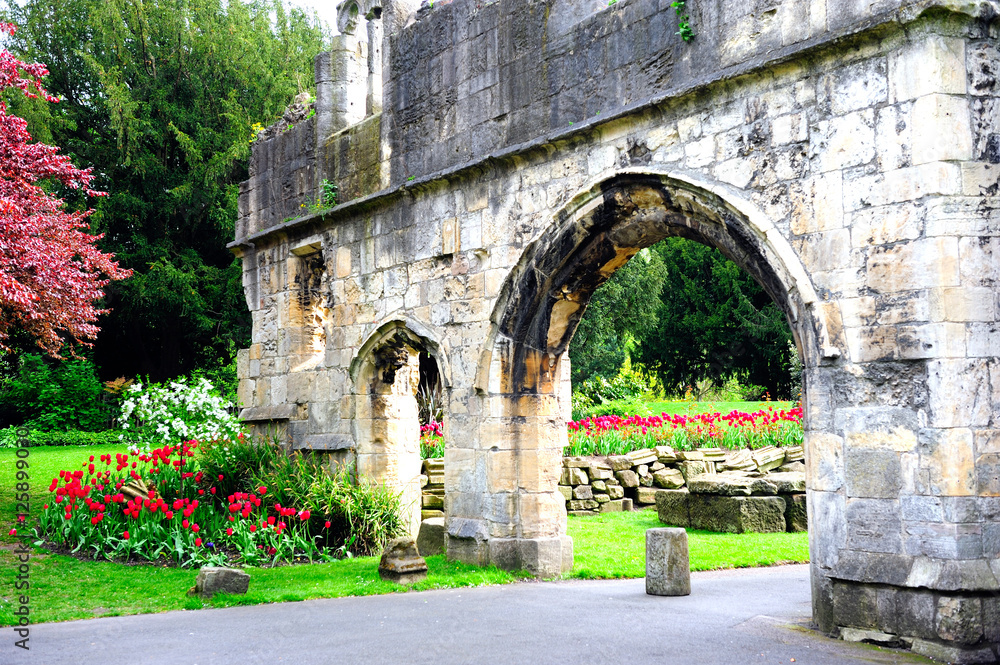 Ruins of wall with arch door in St.Mary's Abbey, York, England, UK