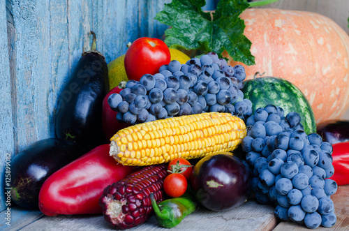 Still life of corn  grapes  eggplant  pumpkins and peppers on the old background.