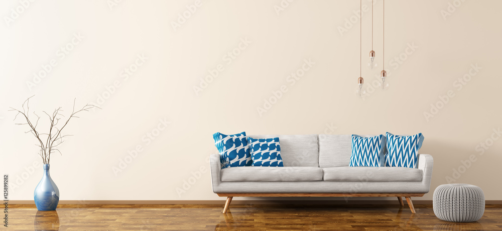 Interior of living room with sofa and pouf 3d rendering - obrazy, fototapety, plakaty 