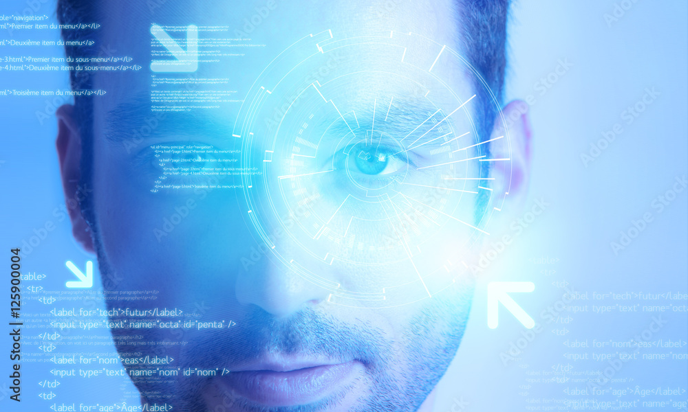 Obraz premium Futuristic technology user interface with an user eye on the bac