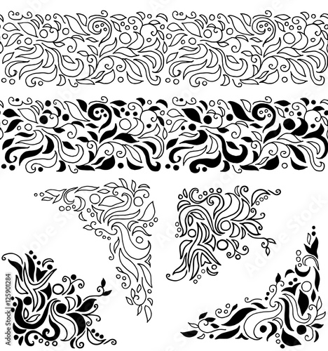 Set of hand-drawn decorative elements  seamless borders and corner decorations with leaves  swirls  circles. Vector design.