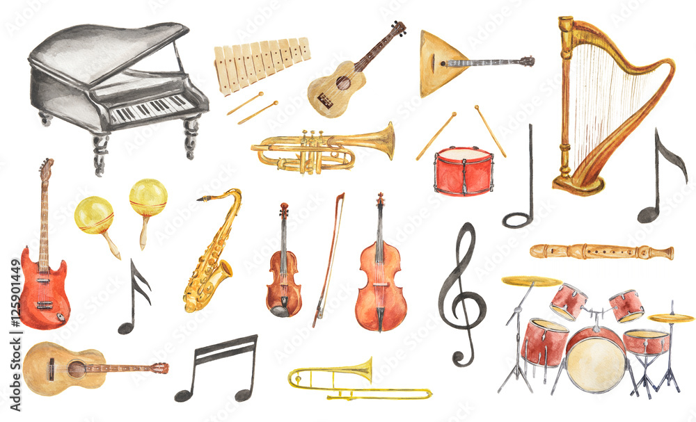 Watercolor musical instruments set. All kinds of instruments like piano, saxophone, trumpet, drums and others. - obrazy, fototapety, plakaty 