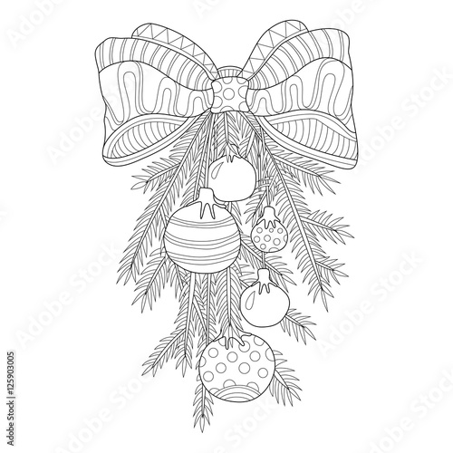 Bow tie and fir branch Christmas decoration adult coloring page in zentangle style