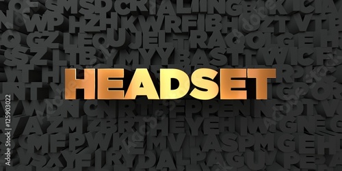 Headset - Gold text on black background - 3D rendered royalty free stock picture. This image can be used for an online website banner ad or a print postcard.