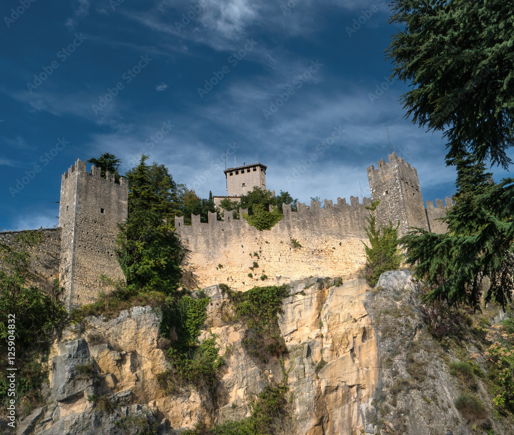 The woll of Guaita fortress is the oldest and the most famous tower on San Marino. Italy.