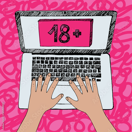 Graphic illustration of child hands on laptop keyboard. Censored content in the internet signed 18+. Only for adults. Parental protection concept. Hand drawn ink sketch in vector