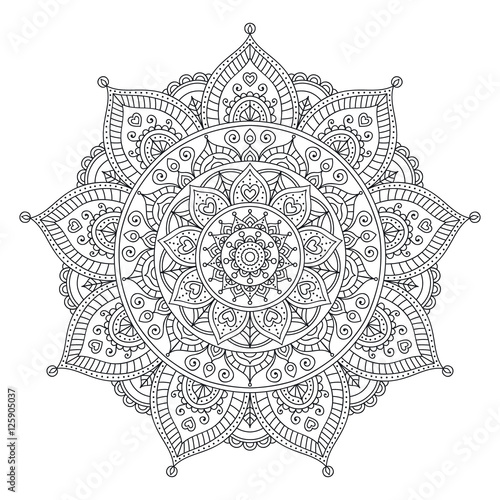 Vector hand drawn doodle mandala with hearts. Ethnic mandala with colorful ornament. Isolated. Tribal floral ornament. Coloring anti stress page for coloring book. Outline.