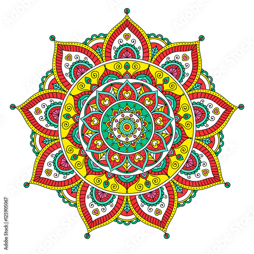 Vector hand drawn doodle mandala with hearts. Ethnic mandala with colorful ornament. Isolated. Red, green, yellow and white colors.