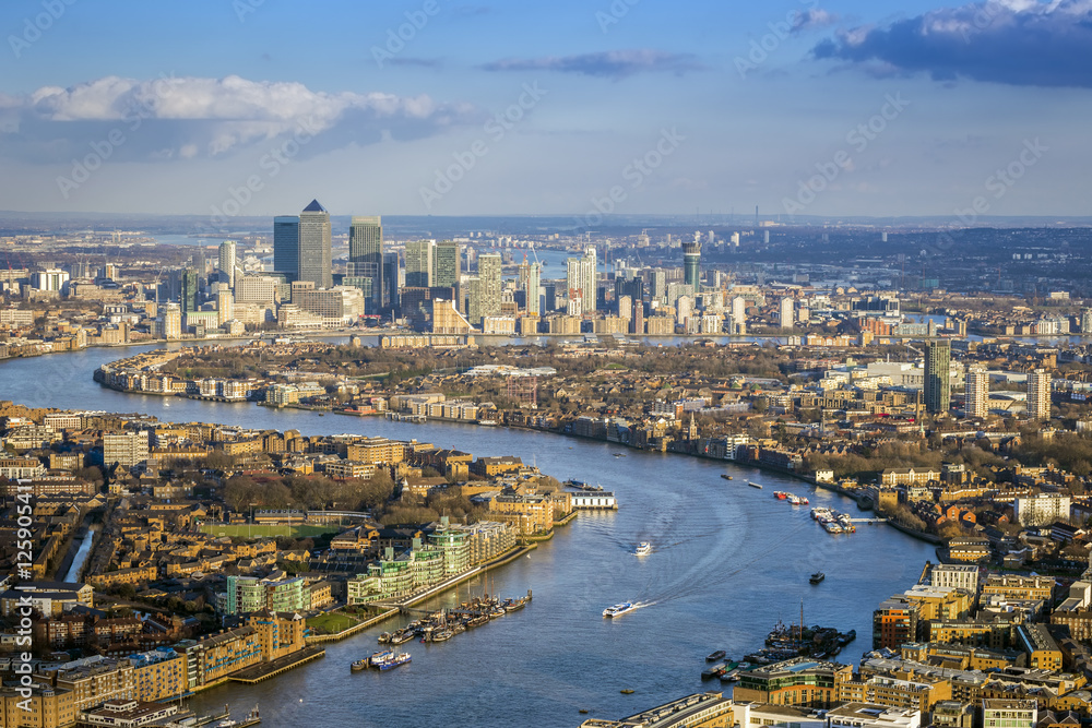 London, England - Aerial view of the skyscrapers of Canary Wharf