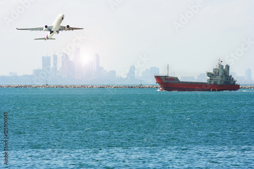 International Container Cargo ship and airplane in the ocean, Freight Transportation, Shipping, Nautical Vessel