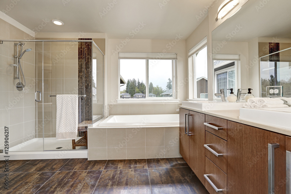 White modern bathroom interior in brand-new house. White modern bathroom interior in brand-new house.