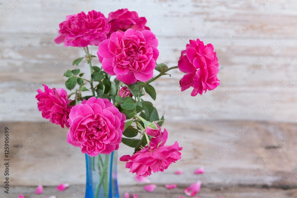 Fototapeta premium Still life with pink roses flower in blue vase on grunge wooden