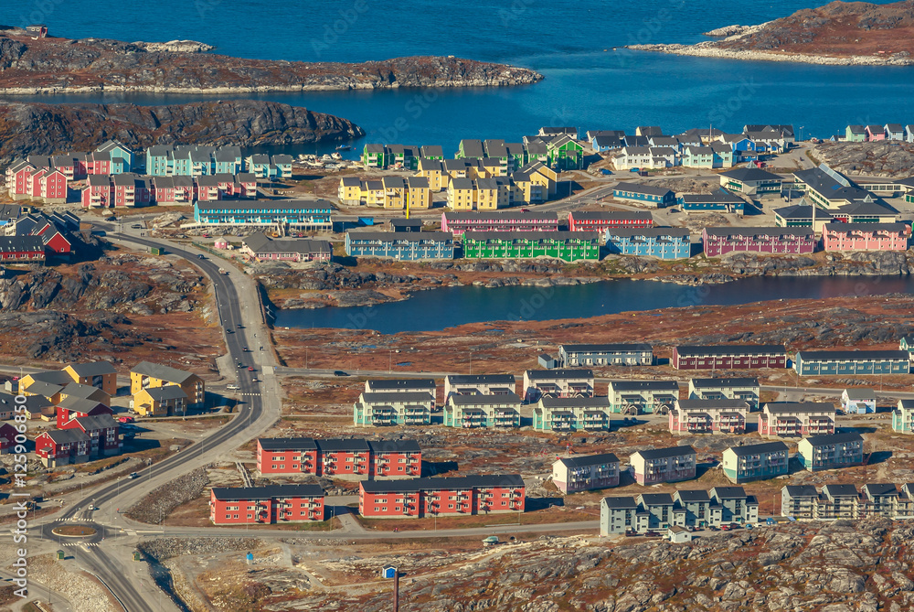 Aerial view of Nuuk city and fjord, Greenland