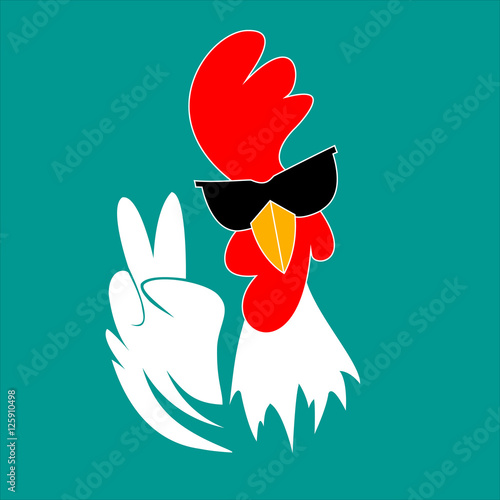 Rooster in sunglasses showing victory gesture. Easily change the background to whatever you like in vector.