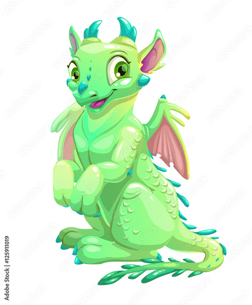 Obraz premium Cute friendly sitting green dragon