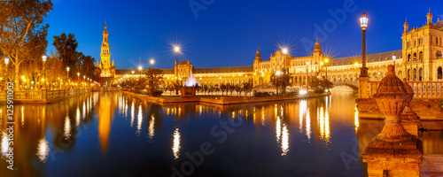 Panorama of Spain Square or Plaza de Espana in Seville at night, Andalusia, Spain © Kavalenkava