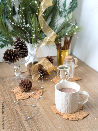 hot chocolate christmas pinecone butter bread wood background