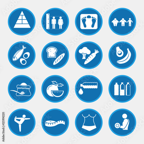 Icon set of obesity related diseases and prevention, blue circle buttons