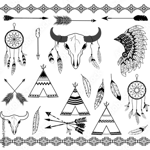 Tribal decorative Elements.Black and White.Feathers,Indian Dream Catcher,Arrow,Aztec Tribal,Feather Headdress,Tee pee Tents,Skull