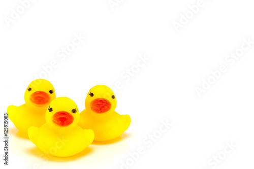 Yellow toy rubber duck mouth, red - Stuffed duck white backgroun © pooretat