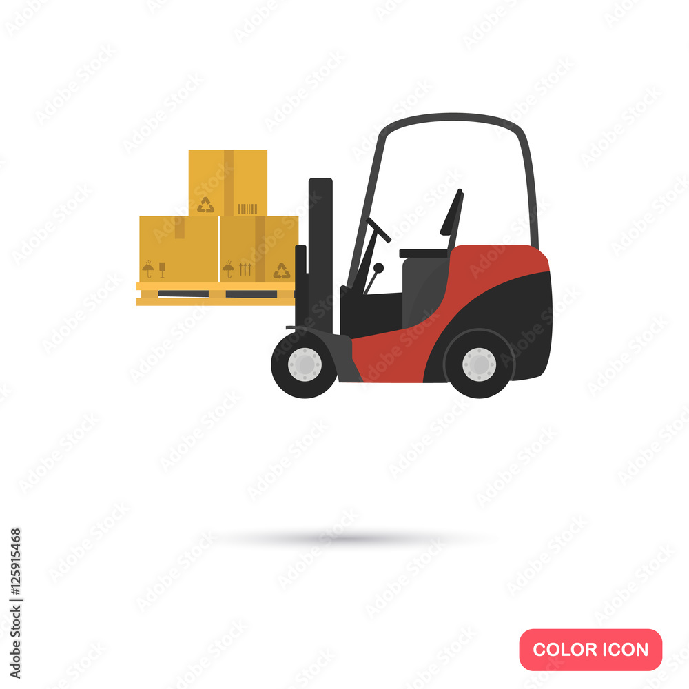 Forklift lift boxes color icon. Flat design. Delivery theme for web and mobile